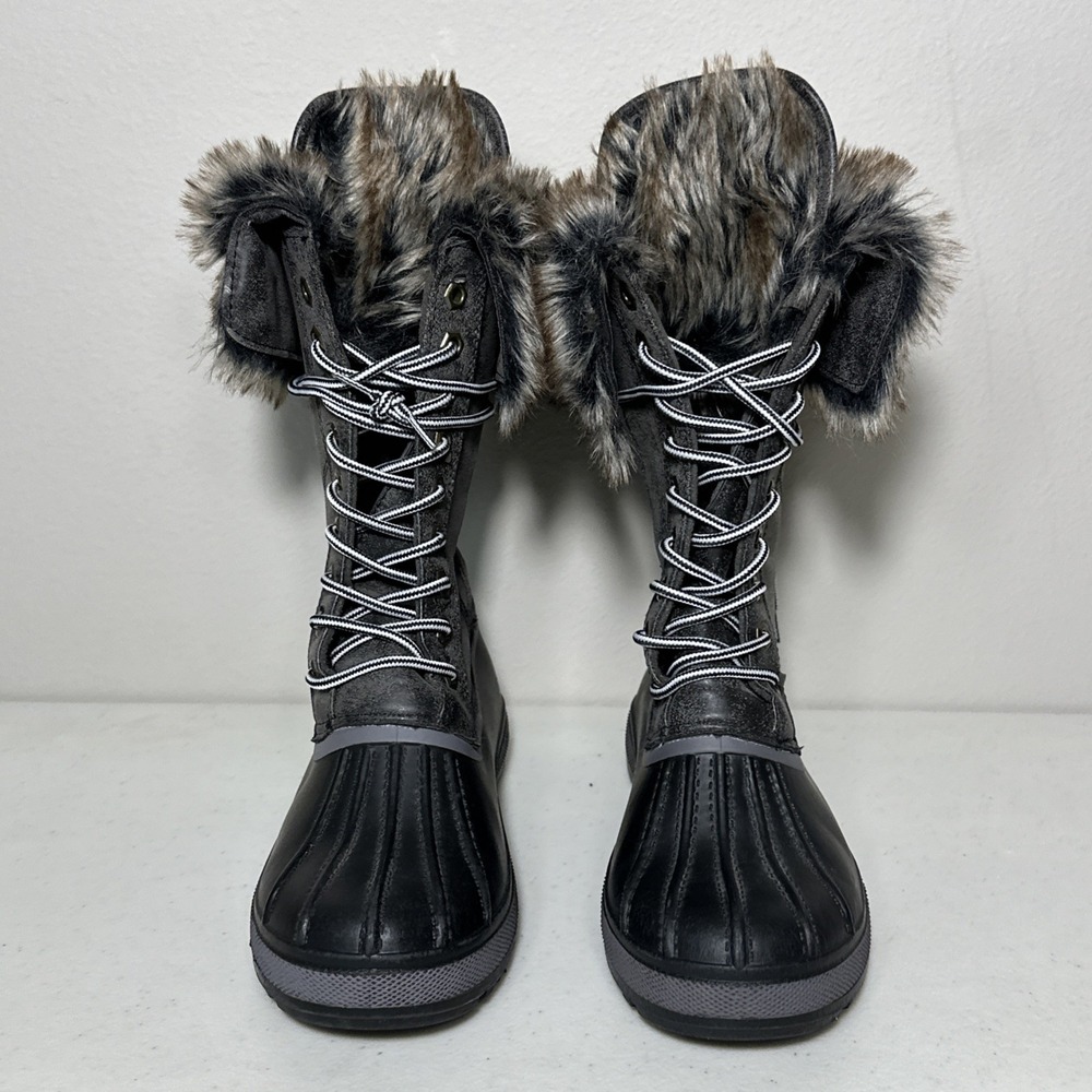 Bamboo womens boots Size 8 Faux Fur Waterproof Lower Side Zip Gray Black